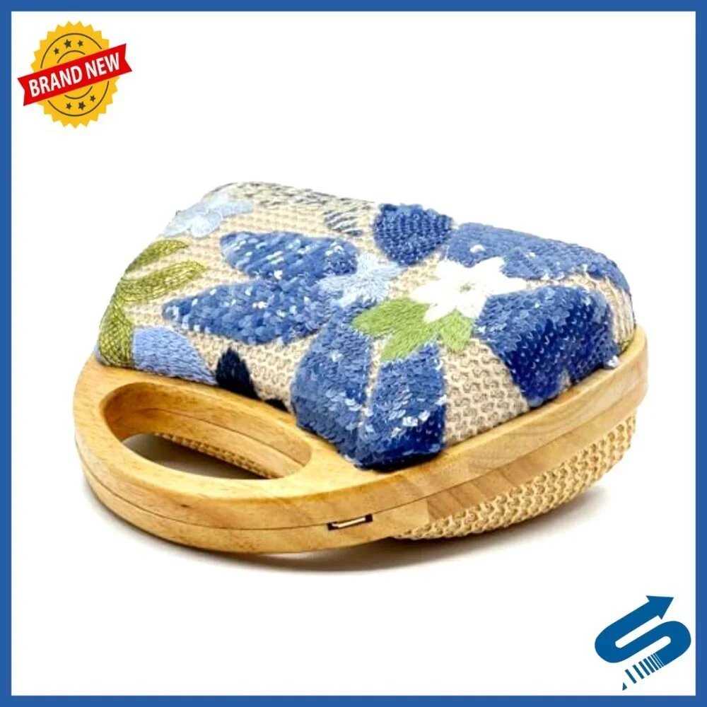 Sequined Embroidered Flower Evening Clutch Bohemian Woven Wooden Handle Chain